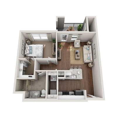 Aerial view floor plan of a senior living apartment