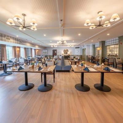 Bright dining room with neatly arranged tables