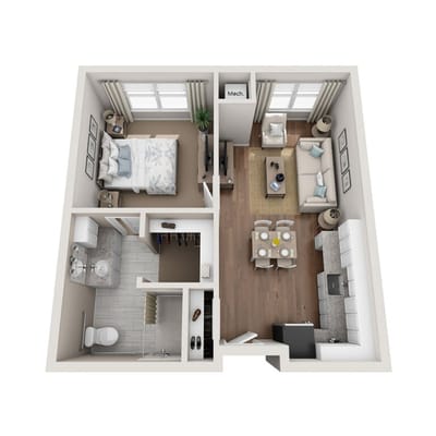 Architectural floor plan of a one-bedroom unit