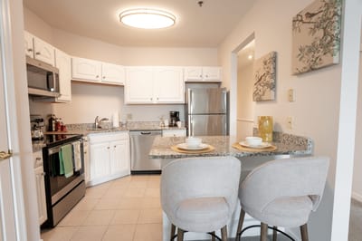 Modern kitchenette in a senior living apartment