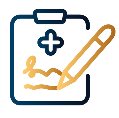 Graphic of a clipboard with a medical symbol and pen