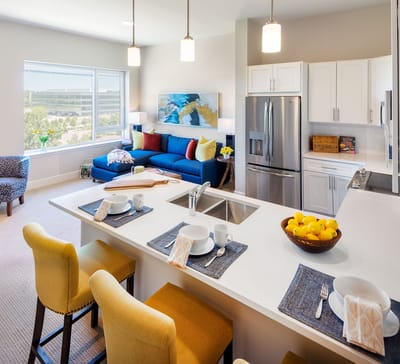 Bright and modern kitchen and living area in a senior living facility