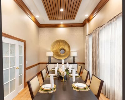 Elegant dining area set up for a meal