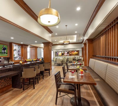 Interior view of a dining area with seating and decor