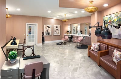 Interior of a beauty salon with styling stations