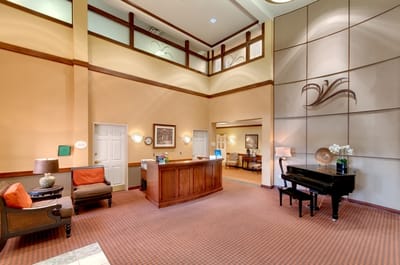 Bright lobby area of a senior living facility