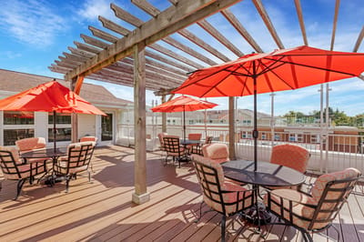 Outdoor terrace with umbrellas and seating