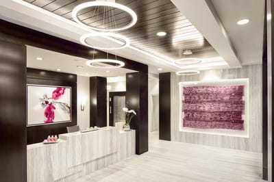 Modern lobby area with contemporary design and artwork