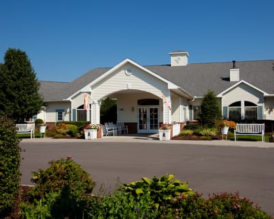 Exterior view of a senior living facility entrance
