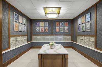 Interior lobby with mailboxes and decorative art