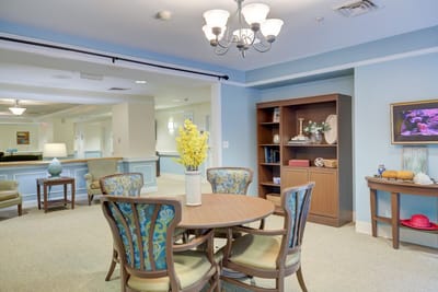 Bright common area with seating and decor