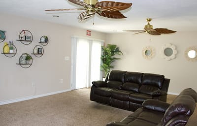 Comfortable living area with brown sofas and decor