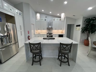 Modern kitchen interior with seating area