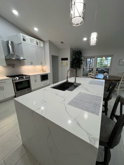 Modern kitchen interior with marble countertops