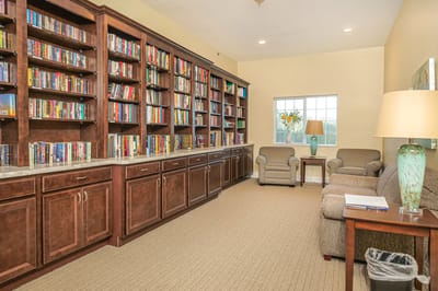 Comfortable library area with bookshelves and seating