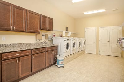 Clean laundry room with washing machines and cabinets.