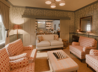 Cozy common area with comfortable seating and chessboard.