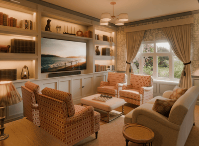 Cozy lounge area with comfortable seating and bookshelves.