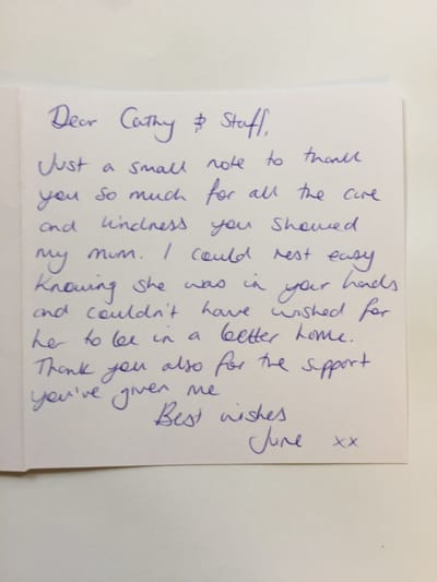 Handwritten thank-you note from a resident