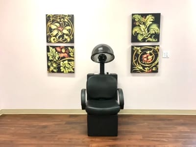 Hair salon chair with decorative wall art.