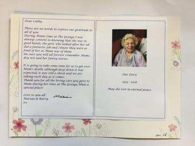 Letter of gratitude with a photo of Doris
