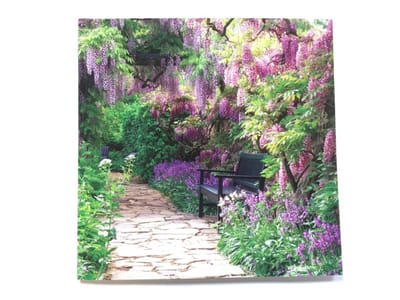 Colorful garden path with benches and flowering plants.