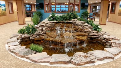 Indoor water feature surrounded by plants