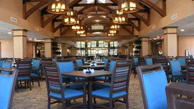 View of a bright dining area with blue chairs