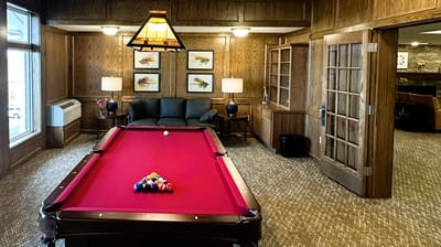 Interior of a game room with a pool table