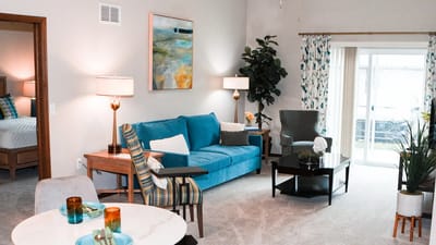 Bright interior of a lounge space with colorful decor