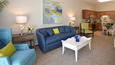 Bright interior common area with colorful furniture