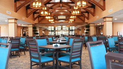 Bright dining area with wooden beams and blue chairs
