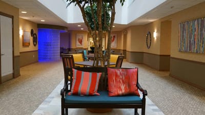 Interior view of a common area with seating and decor