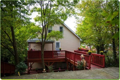 Exterior view of a building surrounded by greenery.