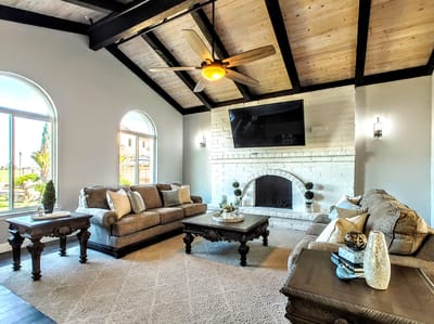 Comfortable common area with seating and fireplace
