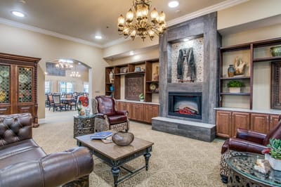 Cozy common area with seating and fireplace