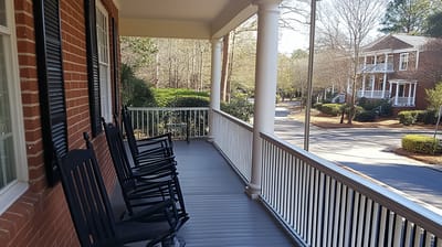 Serene porch with rocking chairs and view of the street