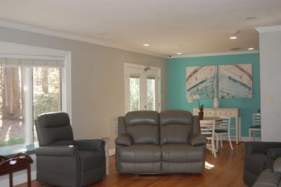 Bright common area with seating and decor