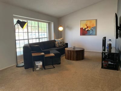 Cozy living room with a couch and table