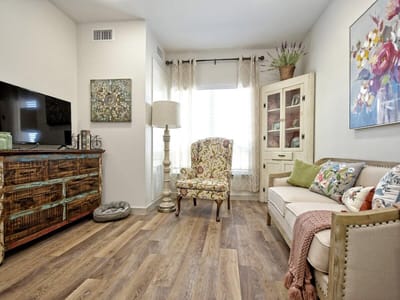 Cozy interior of a living room in a senior living facility