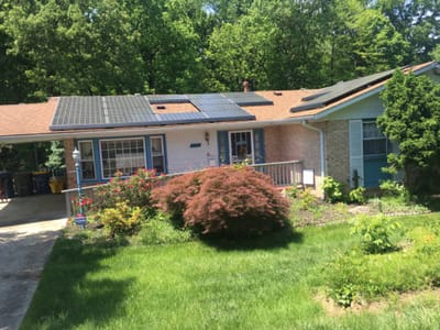 Exterior view of a house with gardens and solar panels