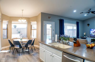 Bright interior space with dining table and seating area