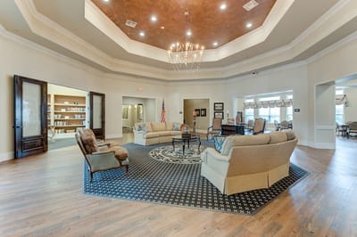 Interior view of a cozy common area with seating