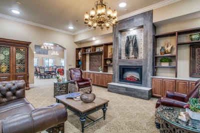 Cozy common area with comfortable seating and fireplace