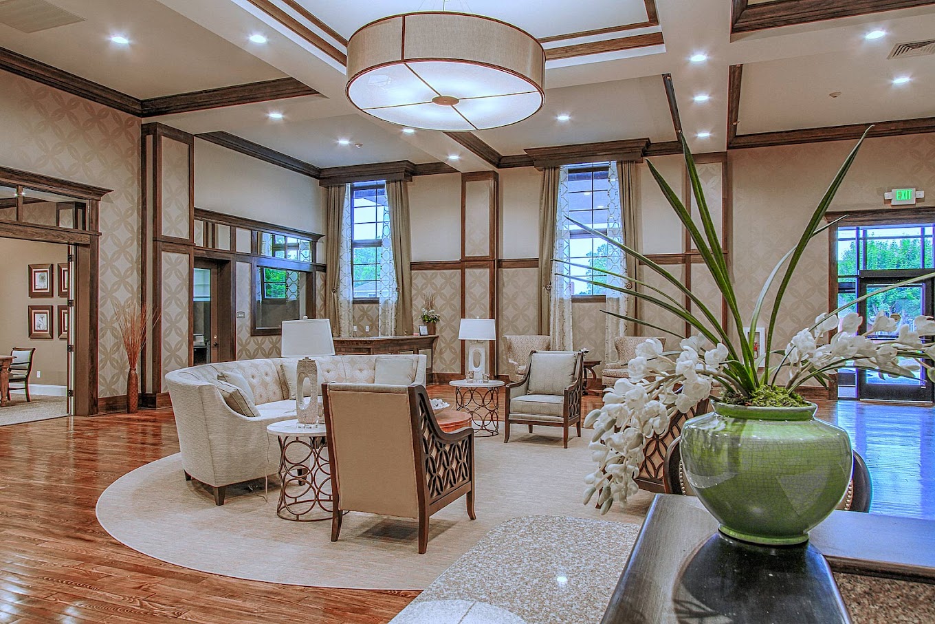 Bright common area with seating and decor
