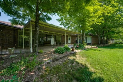 Outdoor patio area surrounded by trees and greenery