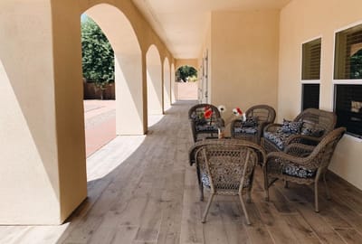 Outdoor seating area with chairs and flowers