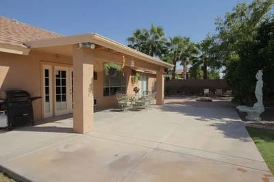 Exterior view of a patio area with seating