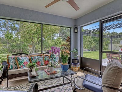 Cozy screened patio with plants and seating