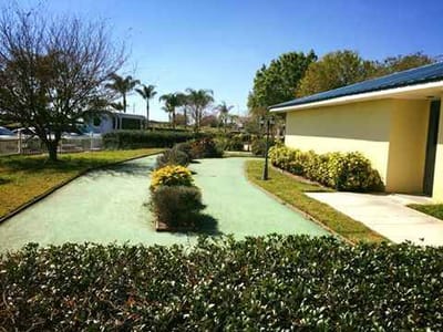 Pathway and landscaped area in an outdoor space